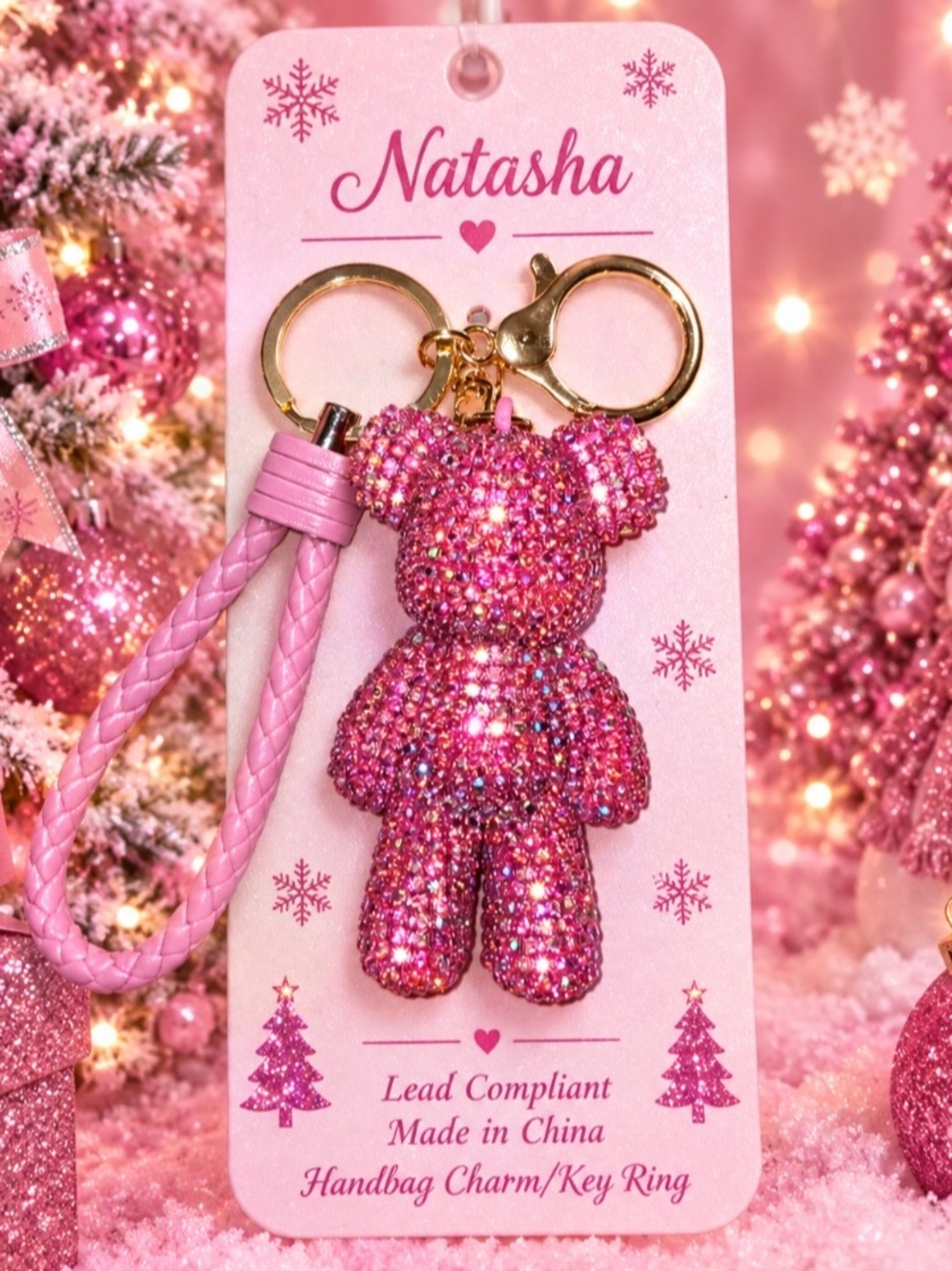 Natasha Couture Pink Crystal Teddy Bag Charm with Gold Hardware